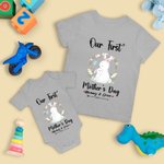 Personalisierte Baumwolle Unsere erste Muttertag Bunny Rabbit Mommy T-Shirt und Baby Onesie mit Namen Geschenk für neue Mutter Baby