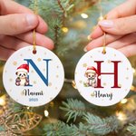 Personalized Cute Bear Dog Cat Santa Hat Animal Ceramic Christmas Ornament with Multicolor Initial and Name Holiday Tree Decor Gift for Kids Family