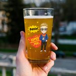 Vaso de Cerveza Personalizado Super Powers Caricatura 16oz con Nombre Día del Padre Cumpleaños Regalo para Papá Abuelo Amantes de la Cerveza