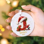 Personalised Sweets Cane Santa Holly Initial Ceramic Christmas Ornament with Name and Year Holiday Tree Decor Gift for Kids Family