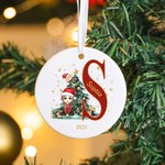 Personalised Cartoon Character with Christmas Tree Ceramic Ornament with Initial and Name Christmas Decor  Gift for Family Kids