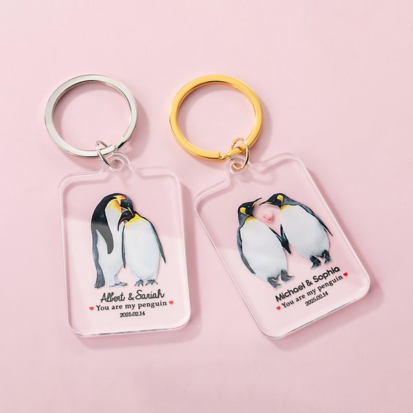 Portachiavi in acrilico personalizzato Penguin Mate con nome Regalo di compleanno e anniversario per la coppia