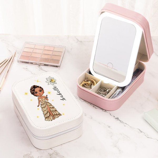 Personalized Prom Queen Birth Flower Name PU Leather Jewellery Box with LED Makeup Mirror Travel Accessory Birthday Anniversary Party Gift for Women