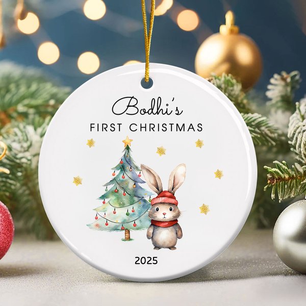 Personalized Cute Bear Rabbit Animal Theme First Christmas Ceramic Ornament with Name and Year Holiday Tree Decor Baby Shower Gift for Newborns