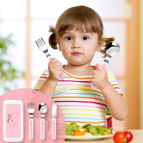 Personalized Cute Bunny Kid's Fork Spoon Knife 3 Pcs Cutlery Set with Case and Name Back to School Easter Birthday Gift for Kids