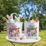 Personalized Easter Egg Rainbow Cartoon Character Canvas Basket with Name Easter Egg Hunts Party Favor Gift for Boys Girls