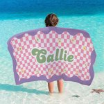 Toalla de playa de microfibra de secado rápido personalizada con nombre de margaritas en damero Regalo esencial de verano para niños