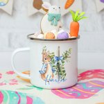 Personalised Cute Peter Rabbit Bow Cross 12oz Coloured Rim Stainless Steel Enamel Mug with Name Easter Back to School Birthday Gift for Kids