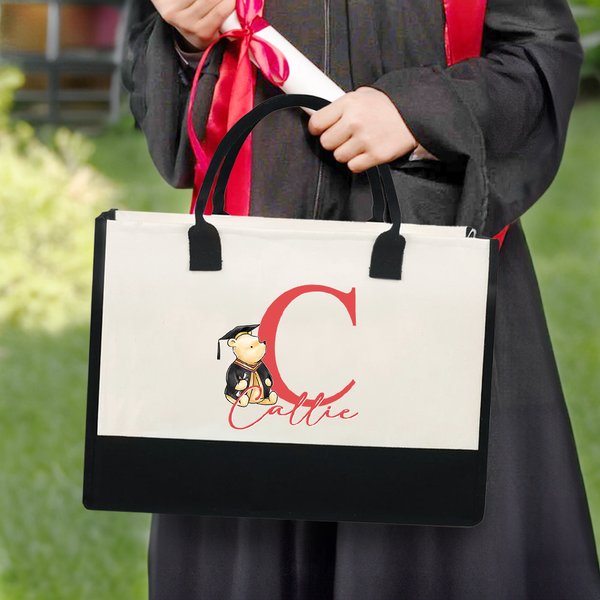 Personalized Classic Winnie the Pooh Large Canvas Tote Bag with Name and Initial Birthday Graduation Gift for Graduates