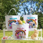 Personalized Easter Egg Rainbow Cartoon Character Canvas Basket with Name Easter Egg Hunts Party Favor Gift for Boys Girls