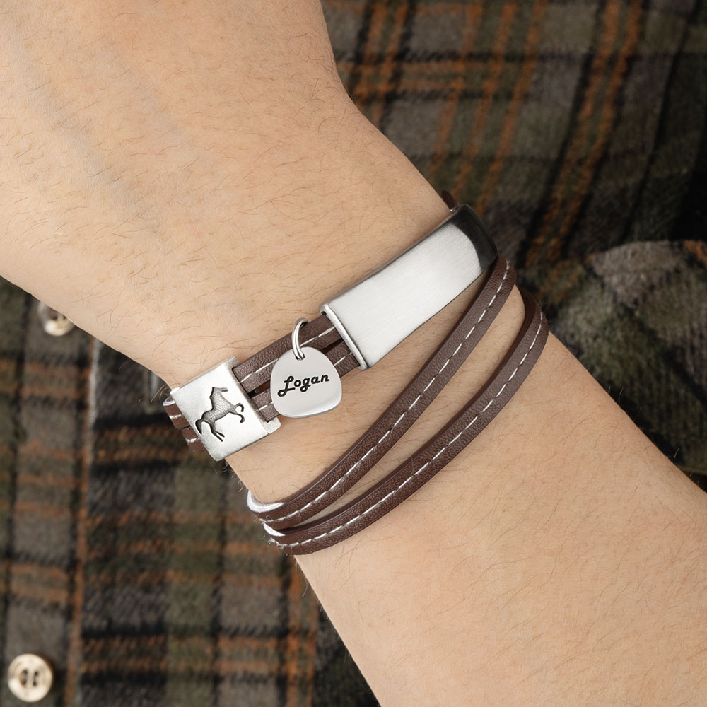 Bracelet en Cuir PU Personnalisé avec Nom Gravé sur Breloque Cadeau Anniversaire pour Amoureux des Chevaux