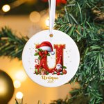 Personalised Sweets Cane Santa Holly Initial Ceramic Christmas Ornament with Name and Year Holiday Tree Decor Gift for Kids Family