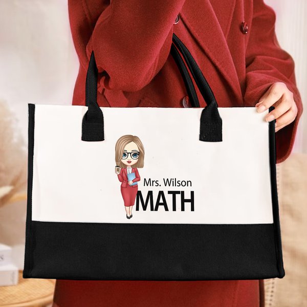 Personalized Cartoon Character Canvas Large Tote Bag with Name and Subject Office Teacher's Day Back to School Gift for Teacher