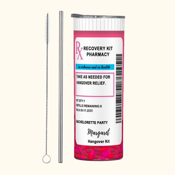Personalised Hangover Kits Prescription Bottle 20oz Skinny Tumbler Bachelorette with Name Text Party Birthday Party Gift for Girls
