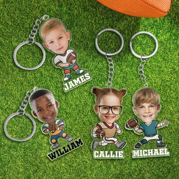 Personalised Football Cartoon Character Face Photo Acrylic Keychain with Name Birthday Children's Day Gift for Kids