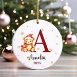 Personalized Cute Bear Dog Cat Santa Hat Animal Ceramic Christmas Ornament with Multicolor Initial and Name Holiday Tree Decor Gift for Kids Family