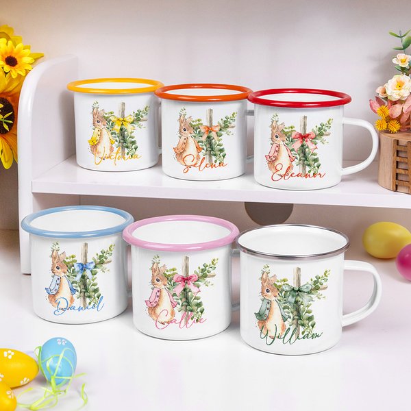 Mug en acier inoxydable émaillé avec nom personnalisé Peter Rabbit Bow Cross 12oz Back to School Birthday Gift for Kids