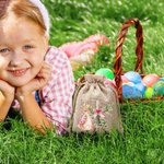 Personalized Cute Easter Bunny Cross Burlap Drawstring Gift Bag with Name Easter Hunting Party Gift for Boys Girls