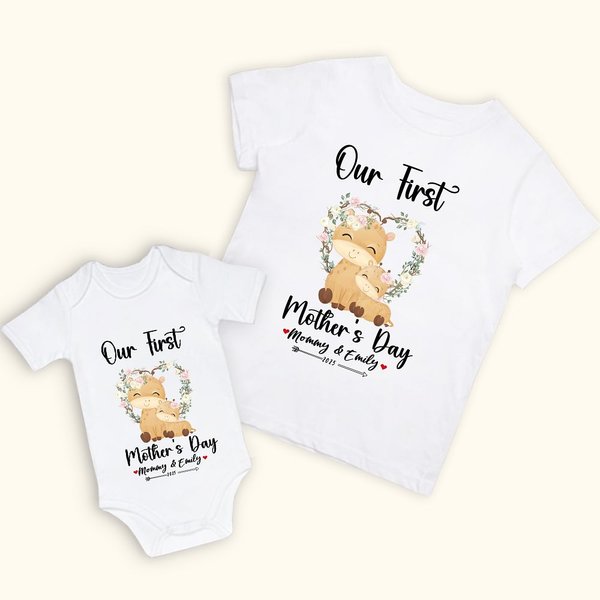 T-shirt en coton personnalisé Notre première fête des mères avec nom et année Cadeau pour nouvelle maman et bébé
