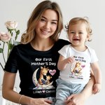 Personalized Mummy Baby Animals Moon Storytime 100% Cotton Baby Bodysuit Matching T-shirt with Name First Mother's Day Gift for Newborn New Mom