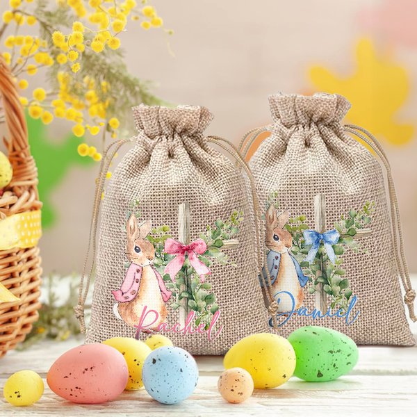Personalized Cute Easter Bunny Cross Burlap Drawstring Gift Bag with Name Easter Hunting Party Gift for Boys Girls