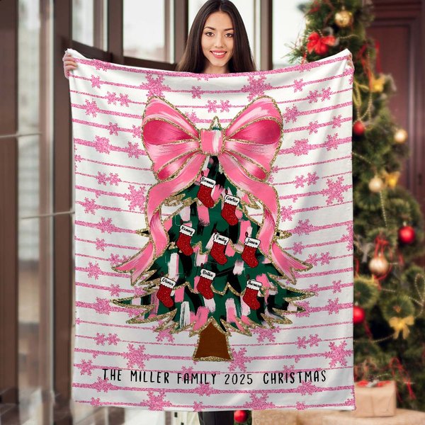 Personalized Faux Glitter Coquette Bow Colorful Christmas Tree Soft Throw Blanket with 2-10 Name Stockings Christmas Home Decor Gift for Family