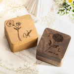Personalized Wooden Engraved Birth Flower Ring Box with Double Slot and Name Wedding Engagement Proposal Gift for Couple