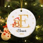 Personalized Cute Bear Dog Cat Santa Hat Animal Ceramic Christmas Ornament with Multicolor Initial and Name Holiday Tree Decor Gift for Kids Family