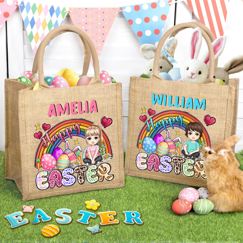 Sac en toile de jute réutilisable avec nom Cadeau de Pâques personnalisé pour les enfants