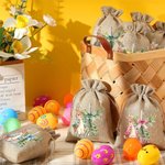 Personalized Cute Easter Bunny Cross Burlap Drawstring Gift Bag with Name Easter Hunting Party Gift for Boys Girls