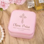 Personalised First Holy Communion Leather Jewellery Box with Name and Date Portable Case Travel Accessory Baptism Gift for Her