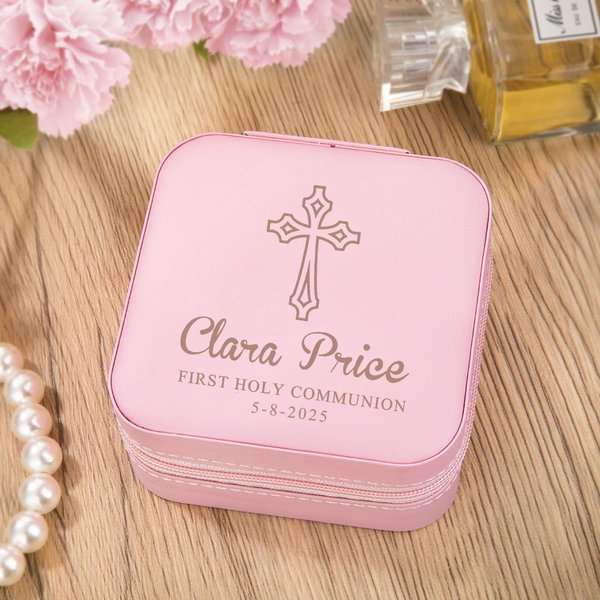 Boîte à bijoux personnalisée en cuir pour la première communion avec nom et date, étui portable, accessoire de voyage, cadeau de baptême pour elle
