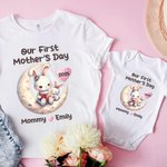 Personalized Mummy Baby Animals Moon Storytime 100% Cotton Baby Bodysuit Matching T-shirt with Name First Mother's Day Gift for Newborn New Mom