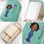 Personalized Prom Queen Birth Flower Name PU Leather Jewellery Box with LED Makeup Mirror Travel Accessory Birthday Anniversary Party Gift for Women