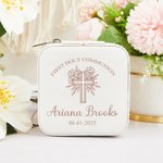 Personalised First Holy Communion Leather Jewellery Box with Name and Date Portable Case Travel Accessory Baptism Gift for Her