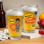Vaso de Cerveza Personalizado Super Powers Caricatura 16oz con Nombre Día del Padre Cumpleaños Regalo para Papá Abuelo Amantes de la Cerveza