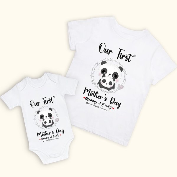 T-shirt 100% coton et Onesie bébé assortis avec motif de panda Cadeau de fête des mères pour nouveau-né et nouvelle maman