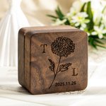 Personalized Wooden Engraved Birth Flower Ring Box with Double Slot and Name Wedding Engagement Proposal Gift for Couple