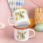 Personalised Cute Peter Rabbit Bow Cross 12oz Coloured Rim Stainless Steel Enamel Mug with Name Easter Back to School Birthday Gift for Kids