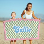 Toalla de playa de microfibra de secado rápido personalizada con nombre de margaritas en damero Regalo esencial de verano para niños