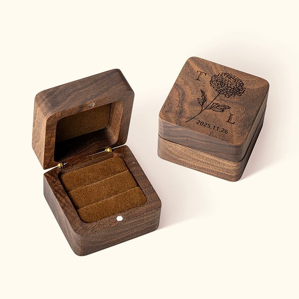 Personalized Wooden Engraved Birth Flower Ring Box with Double Slot and Name Wedding Engagement Proposal Gift for Couple