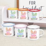 Tazza smaltata da 12 once con nome, regalo di compleanno di Pasqua per bambini e bambine, personalizzata con design di coniglietto in finto glitter acquerello