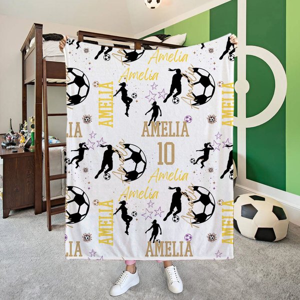 Personalisierte bunte Fußball Mädchen weiche Decke mit Namen Home Decor Geburtstagsgeschenk für Sport Fußball-Liebhaber werfen