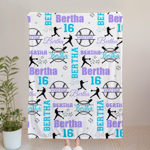 Personalized Energetic Baseball Girl Silhouette Soft Throw Blanket with Multicolor Names Home Decor Birthday Gift for Sports Baseball Lovers