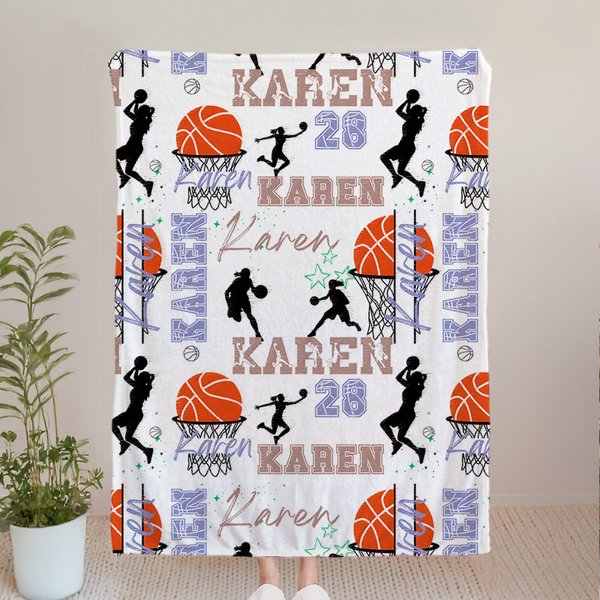 Personalized Energetic Basketball Girl Silhouette Soft Throw Blanket with Multicolor Names Home Decor Birthday Gift for Sports Basketball Lovers