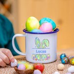 Tazza smaltata da 12 once con nome, regalo di compleanno di Pasqua per bambini e bambine, personalizzata con design di coniglietto in finto glitter acquerello