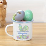 Tazza smaltata da 12 once con nome, regalo di compleanno di Pasqua per bambini e bambine, personalizzata con design di coniglietto in finto glitter acquerello