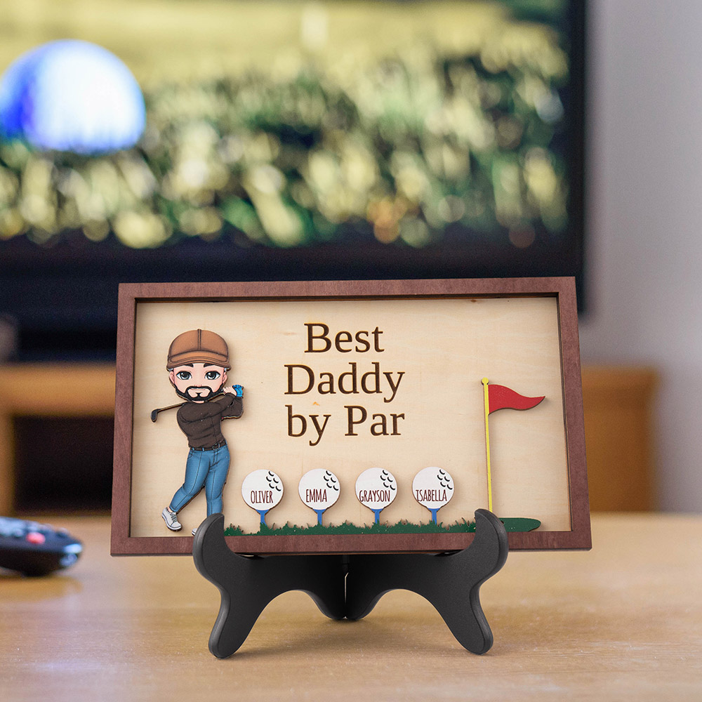 Plaque de golf en bois avec 1 à 8 noms et support Décoration maison Fête des pères Cadeau d'anniversaire pour les amateurs de golf