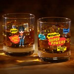 Personalized Cool Super Power Dad Cartoon 10 oz Old Fashioned Whiskey Rocks Glass with Name Birthday Father's Day Gift for Men