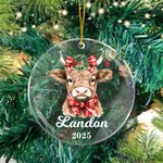 Personalised Cute Holly Wreath Plaid Bow Highland Cow Acrylic Ornament with Name and Year Christmas Tree Decor Gift for Family Kids